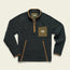 A dark green fleece pullover with a brown zipper, brown trim, and brown accents on the chest pocket and lower sides. This cozy quarter zip pullover features logo patches—perfect for cold weather layering.