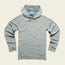 Light blue recycled polyester hoodie with a subtle vertical stripe pattern, tan drawstrings, front kangaroo pocket, and a small patch label at the hem, laid flat on a cream background.