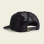 A black mesh trucker cap viewed from the back, featuring an adjustable snapback closure, unstructured snapbacks design, and a small tag with a white monkey face logo above the closure.