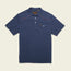 A short-sleeve navy blue Ranchero Polo shirt made from 100% cotton, featuring a button-up collar, front chest pocket with button flap, western yokes, and red stitching detail on the shoulders, laid flat on a light background.
