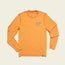 A long-sleeve, orange Howler Brothers shirt laid flat on a light background. This lightweight cover up features a small logo and text on the left chest, perfect for hiking thanks to its UPF 50+ sun protection.