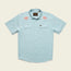 Light blue Crosscut Deluxe Shortsleeve summer shirt with two chest pockets; features pink motif embroidery of palm trees on both shoulders. Shirt is laid flat on a neutral background.