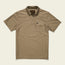 A short-sleeve, khaki-colored tech polo with a collar, three buttons, and a single chest pocket with a button flap. Made from recycled polyester, it features a subtle textured pattern and a small brand tag on the pocket.
