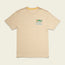 Beige short-sleeve t-shirt with a small colorful graphic of a sun, water, and palm tree above the words Howler Brothers on the left chest. Made from a soft cotton-poly blend for maximum comfort, with subtle orange stripes on the shoulders.