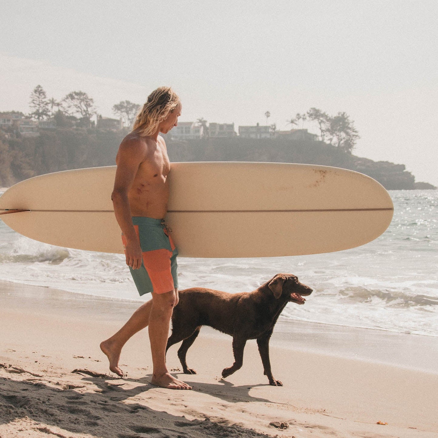 A man with long blond hair, wearing quick drying boardshorts, carries a surfboard while walking on a sandy beach next to a brown dog, with ocean waves and cliffs in the background. - View 2