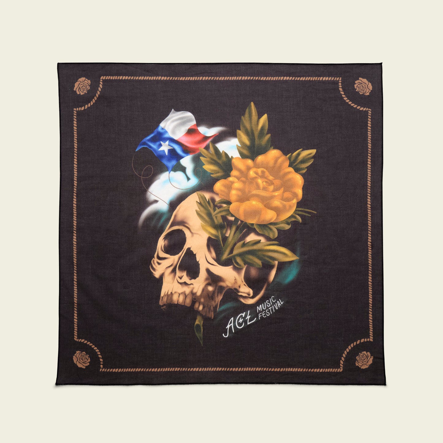 A black bandana from the Yellow Rose Collection featuring a skull design, yellow roses, a waving Texas flag, and ACL Festival text. Decorative rose motifs accent each corner. Part of the unique Howler Bandanas line. - View 1