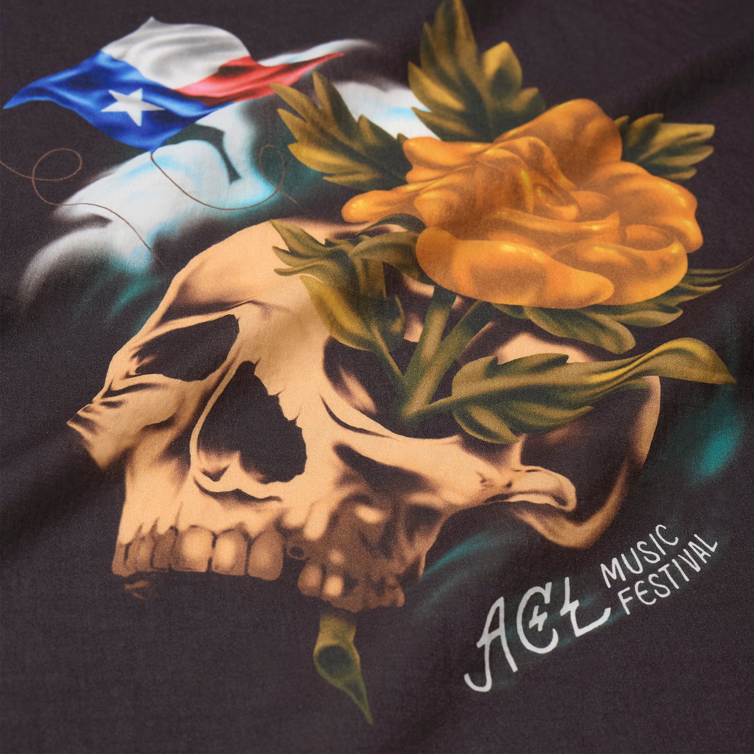 A graphic features a skull with yellow flowers growing through it, a Texas flag in the background, and the text ACL Music Festival written at the bottom—part of the Yellow Rose Collection by Howler Bandanas.