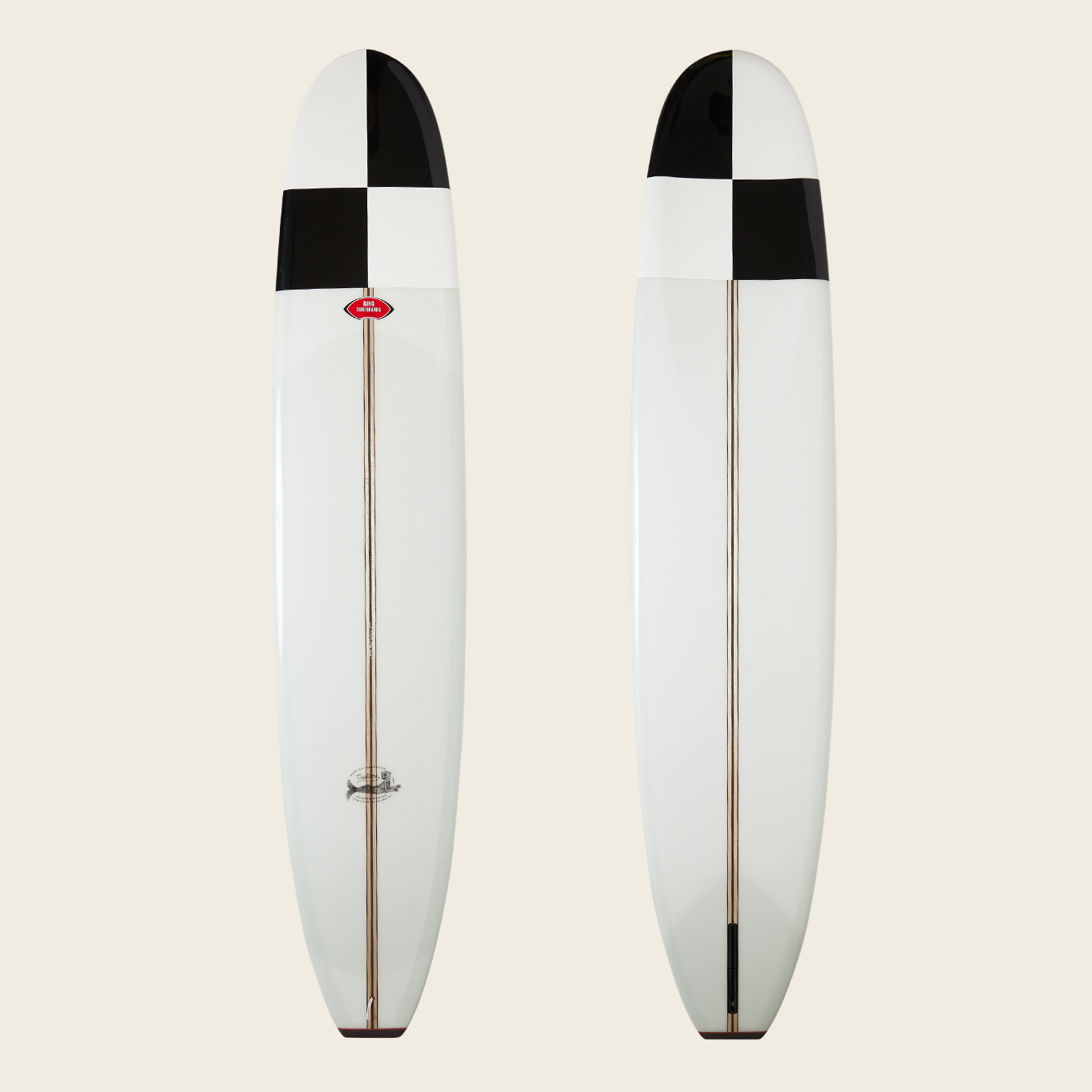 Two longboards with white decks, each featuring a black and white checkerboard pattern on the nose. Reminiscent of a traditional surfboard, these boards are ideal for noseriding, with a thin wooden stringer running down the center. - View 1