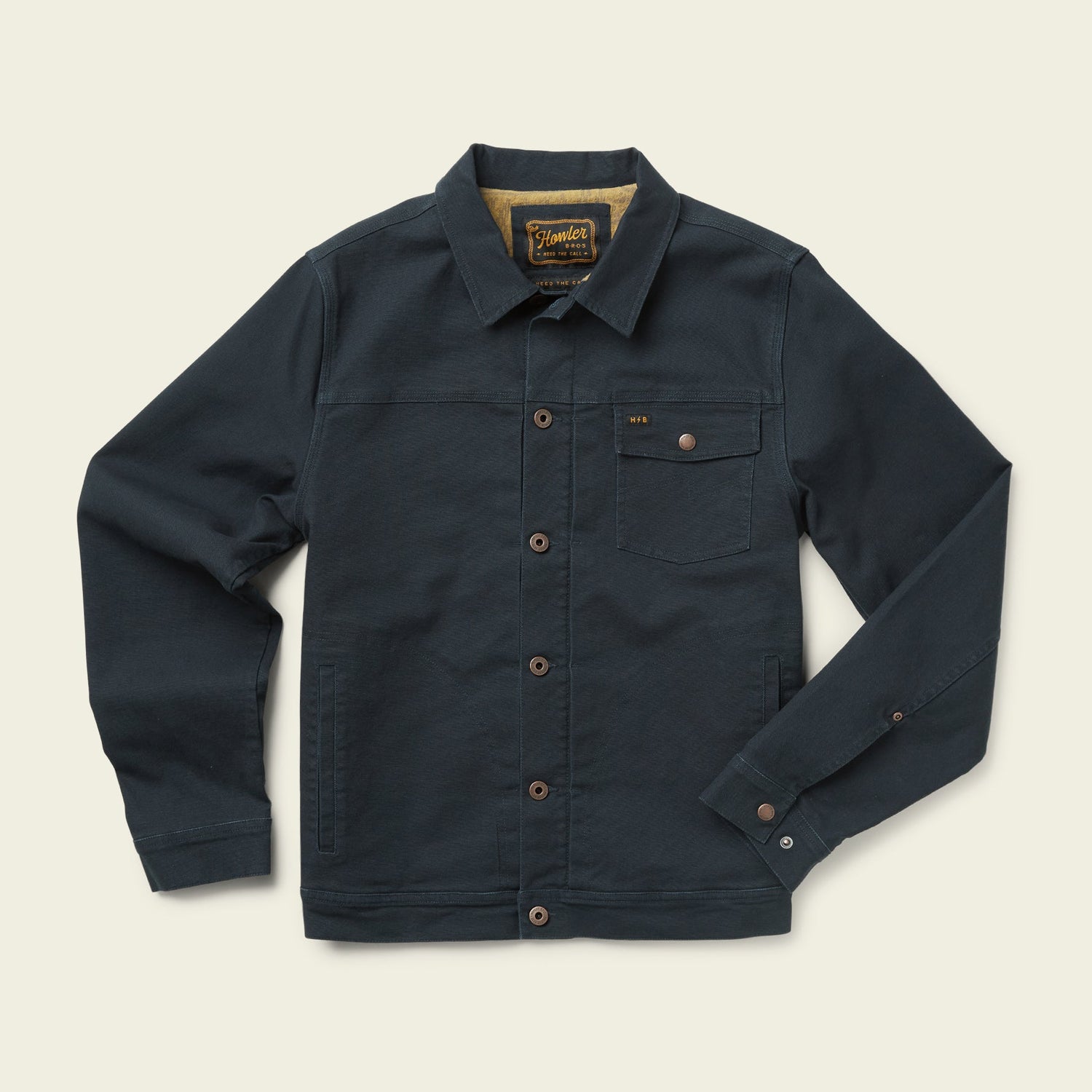 A dark blue Lined Depot Jacket in jacquard flannel with long sleeves, a collar, chest pocket with button flap, and two side pockets, perfect for cool weather and laid flat on a light background. - View 2