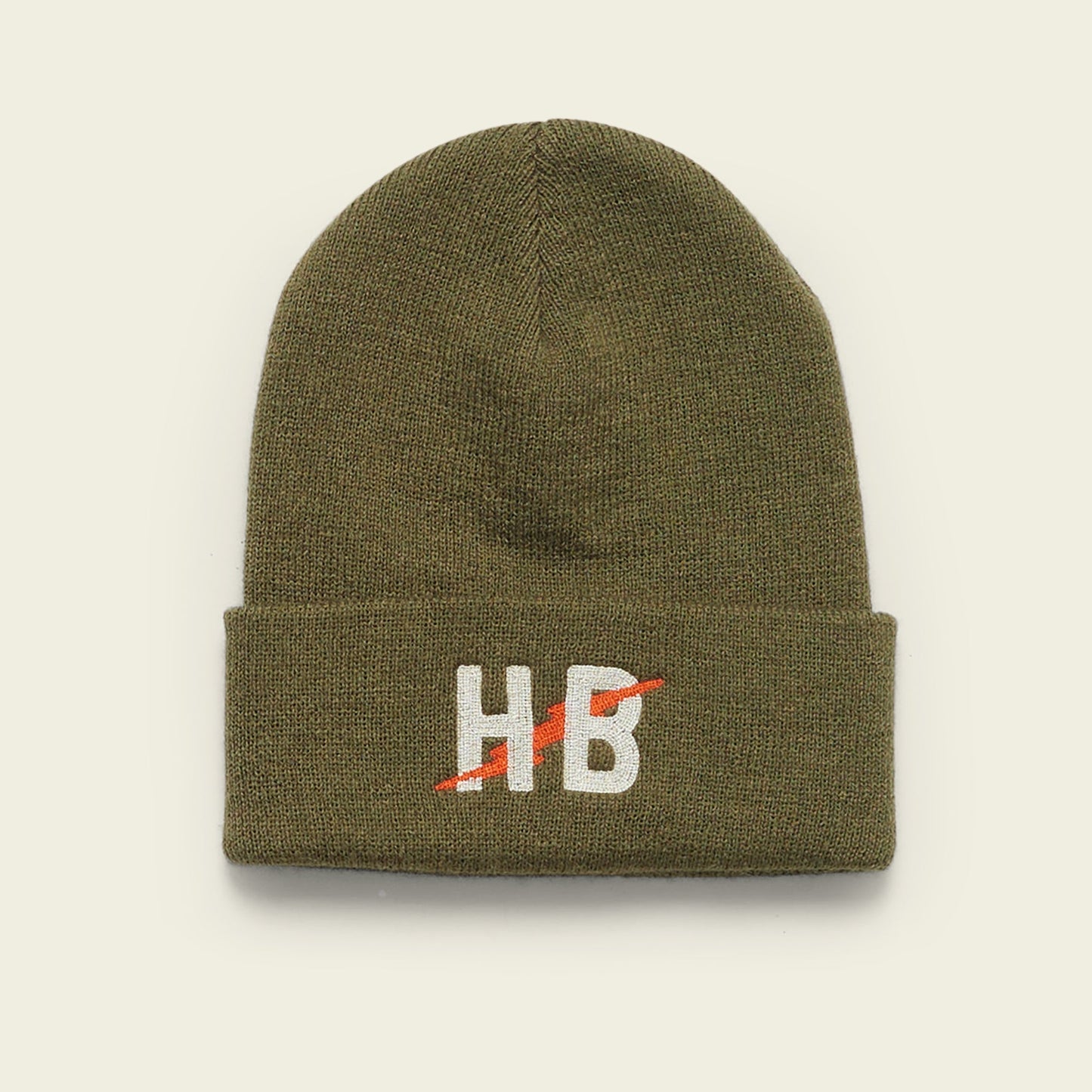 An olive green knit beanie with the letters HB embroidered in white on the front, crossed by a red diagonal line. - View 2