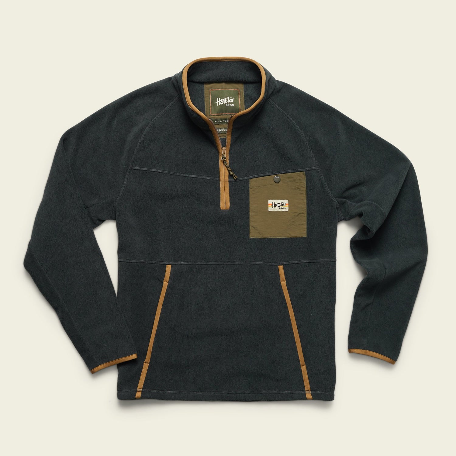 A dark green fleece pullover with a brown zipper, brown trim, and brown accents on the chest pocket and lower sides. This cozy quarter zip pullover features logo patches—perfect for cold weather layering. - View 2