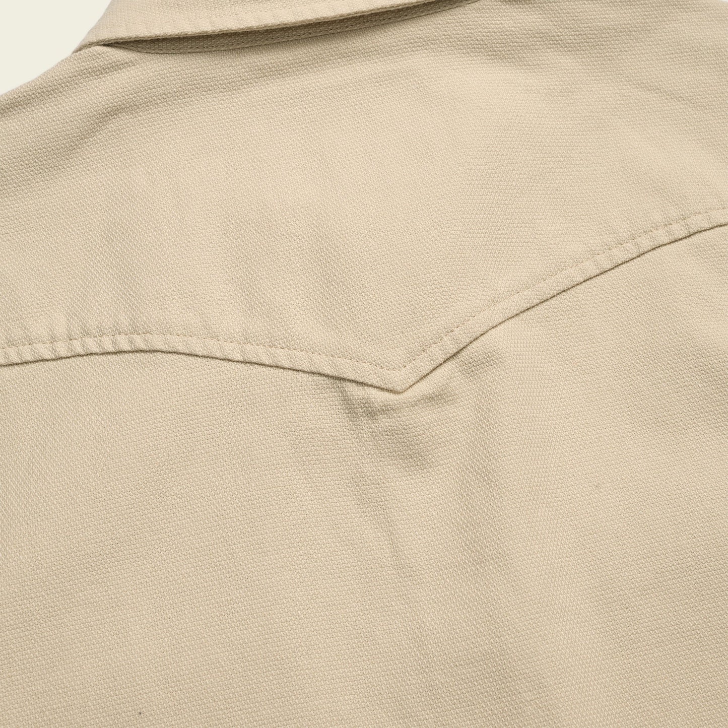 Close-up of the back yoke and collar of a beige Novato Shirt, showing textured canvas fabric and visible stitching details inspired by classic western shirt design. - View 6