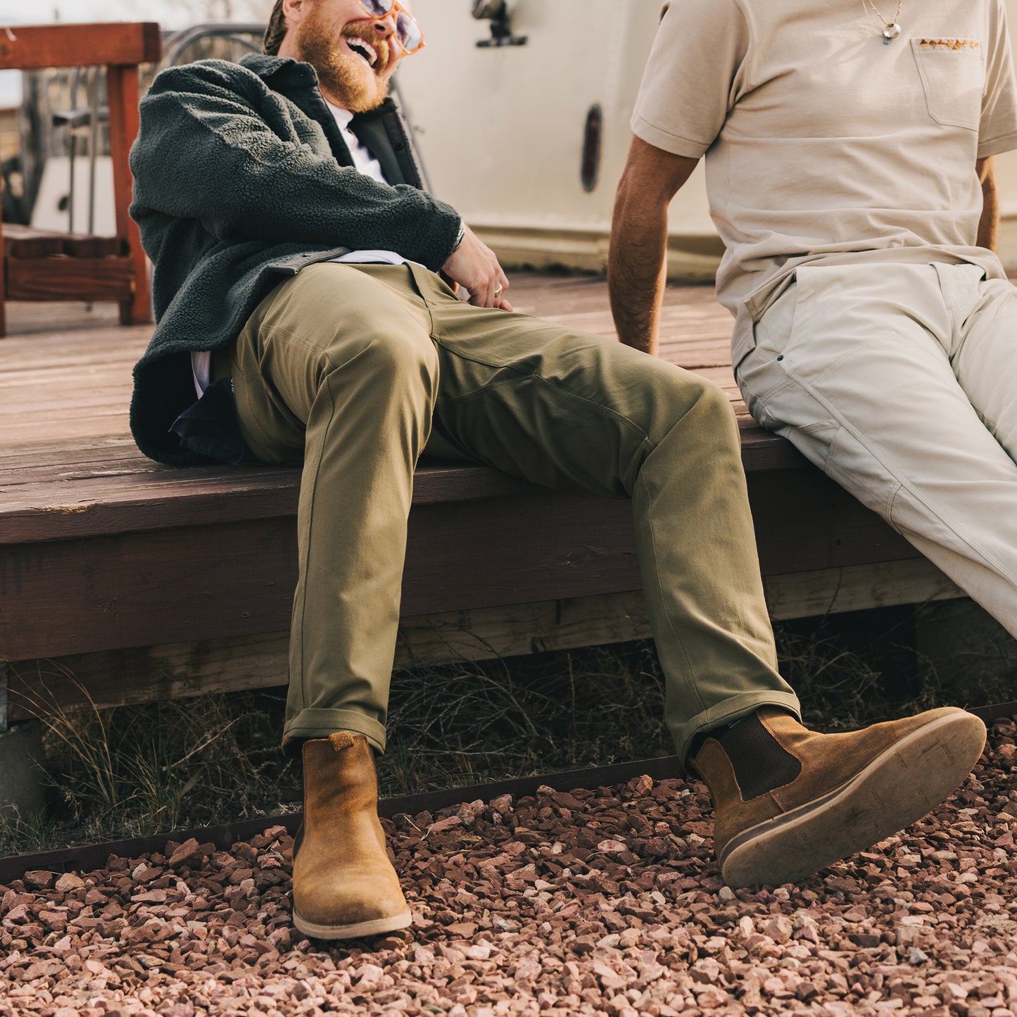 A pair of olive green Frontside Tech Pants laid out flat, showcasing the 5-pocket design. - View 2