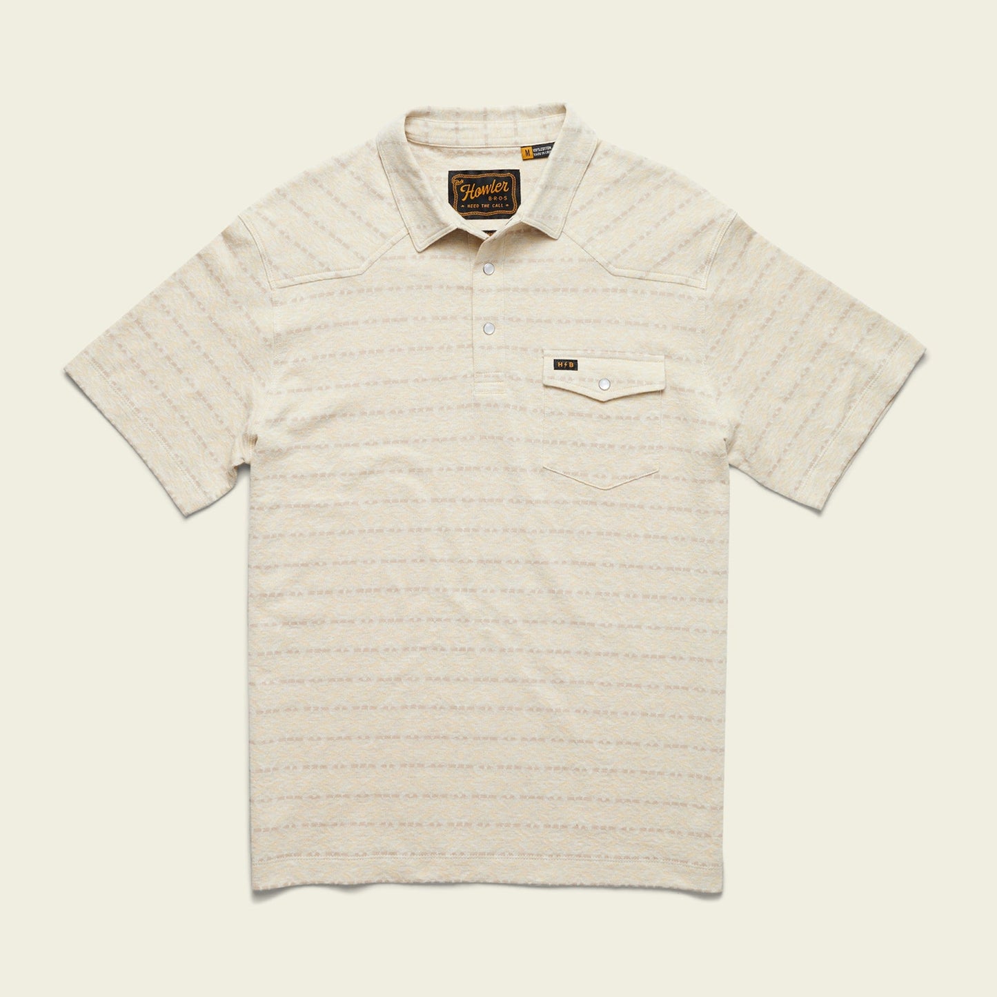 A short-sleeve, light beige Jacquard Polo with subtle horizontal stripes, a buttoned collar, and a chest pocket featuring a small label above the pocket flap. Made from 100% cotton for ultimate comfort. - View 2