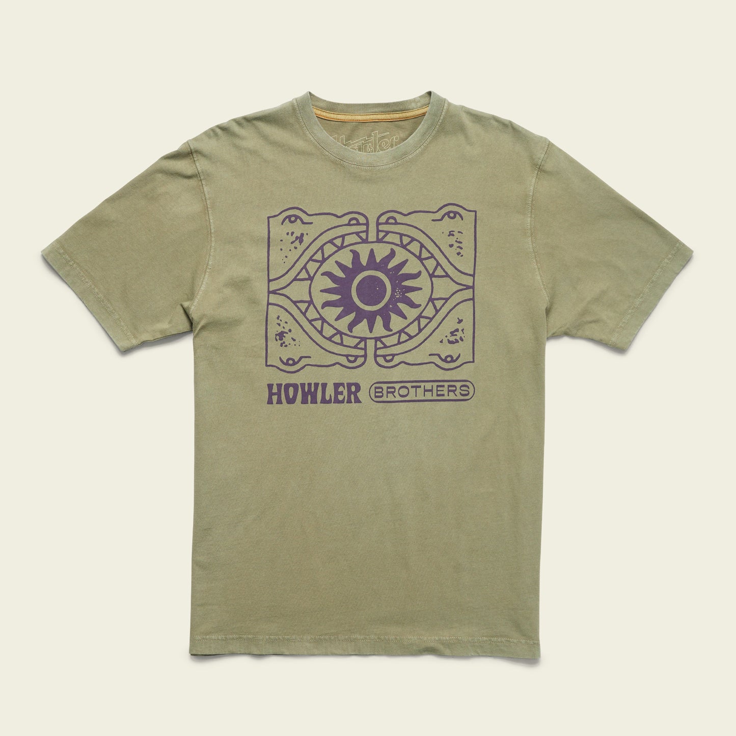 An olive green T-shirt with a purple graphic of two alligators facing each other, forming a circle around a sun design. Reminiscent of vintage t-shirts, HOWLER BROTHERS is printed in bold, purple text below the image. - View 1