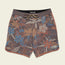 A pair of Bruja Boardshorts in brown with a colorful floral pattern in blue, orange, and beige tones, featuring a drawstring waistband, draining front pockets, stretchy fabric, and a Howler patch near the bottom hem.