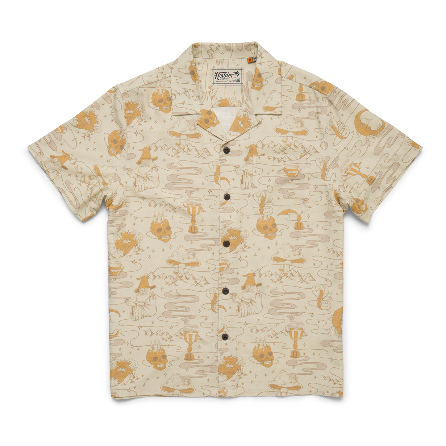 A short-sleeve, button-up shirt with a camp collar and beige slub fabric, featuring a whimsical pattern of light brown cartoon cats, mushrooms, and abstract lines. The relaxed fit and front pocket evoke vintage Hawaiian shirts charm. - View 2