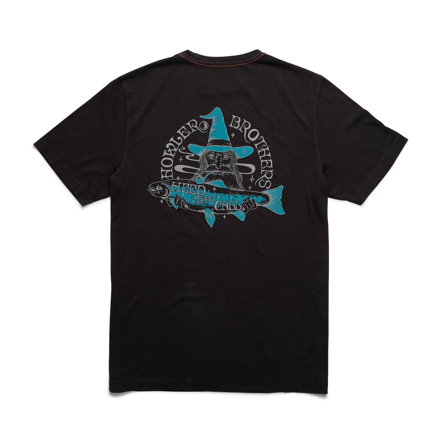 Black short-sleeve cotton t-shirt featuring a large experimental artwork on the back of a bearded man in a fishing hat holding a fish, with Hopper Brothers above and Huso the Caviar Cowboy below in white and teal. - View 1