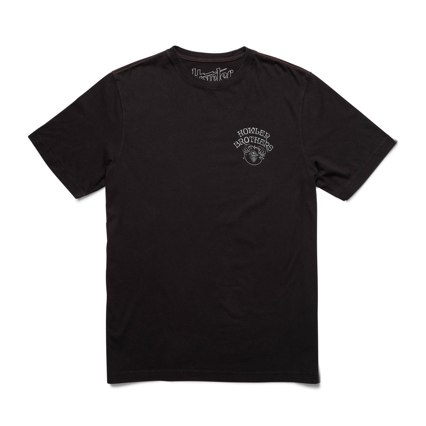 A plain black short-sleeve cotton t-shirt with a small white Howler Brothers logo and graphic on the left chest, laid flat on a white background for a classic vintage look. - View 3