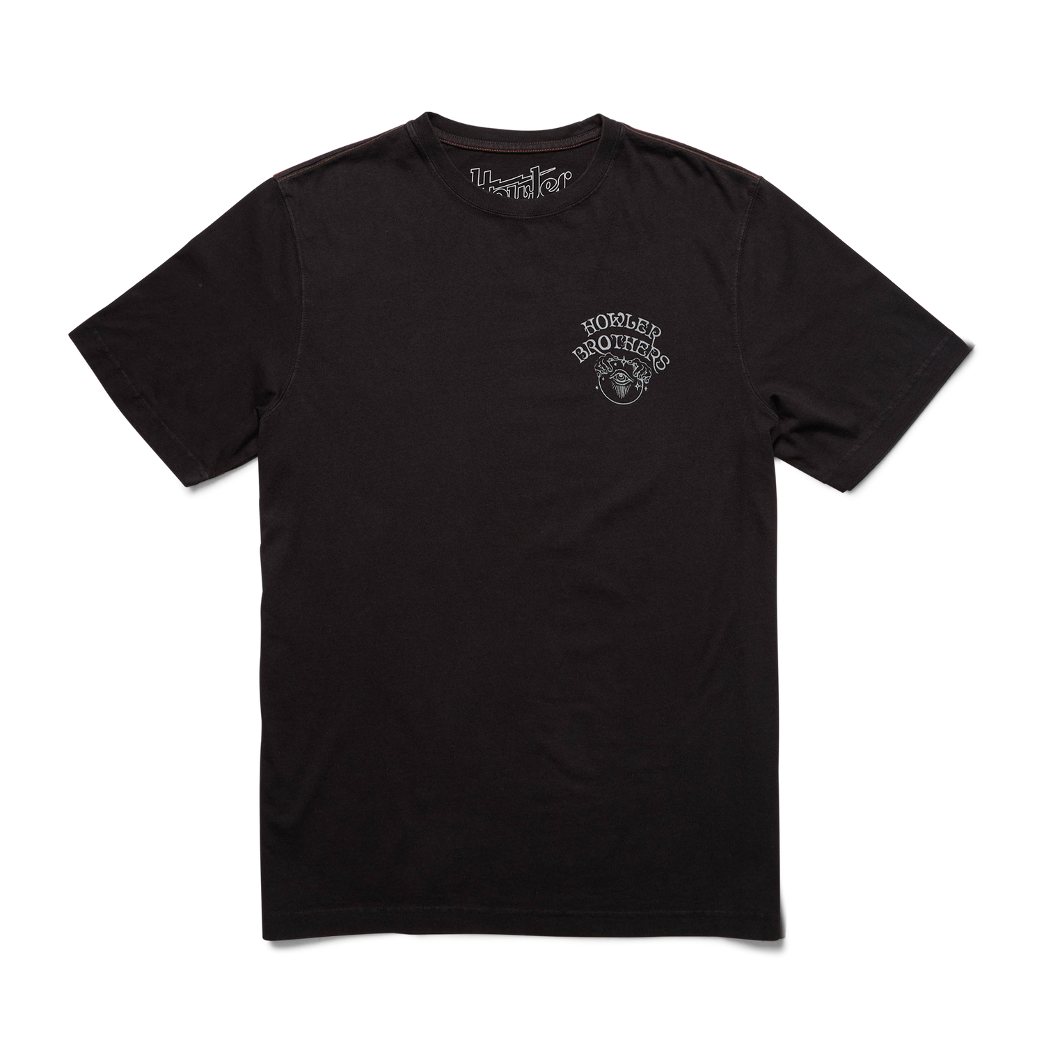 A plain black short-sleeve cotton t-shirt with a small white Howler Brothers logo and graphic on the left chest, laid flat on a white background for a classic vintage look. - View 3