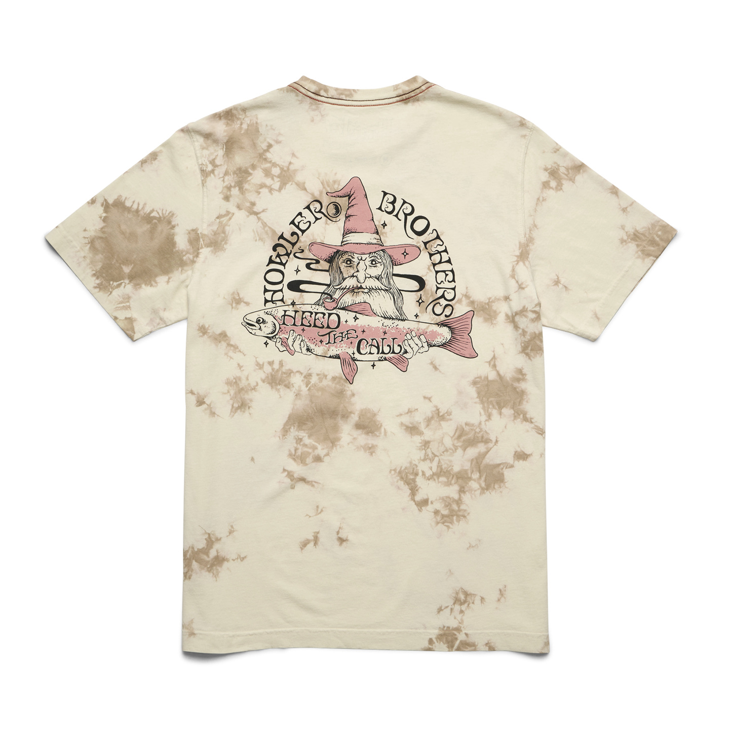 Beige and brown tie-dye cotton t-shirt with a vintage look, featuring experimental artwork: a bearded wizard in a pink hat riding a pink fish. Surrounding text reads Howler Brothers and Head of the Class. - View 4