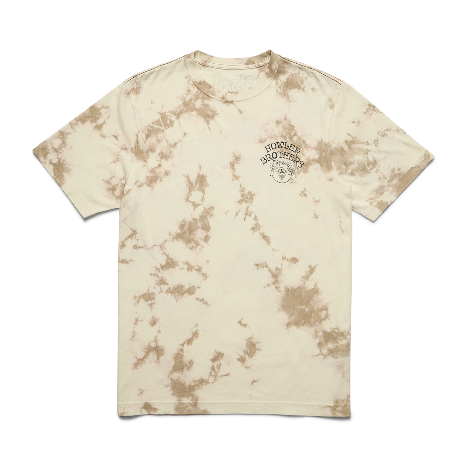 A beige tie-dye cotton t-shirt with brown splashes and a small “Hooked Brothers” logo with a fish graphic on the left chest, offering a vintage look with experimental artwork. - View 3