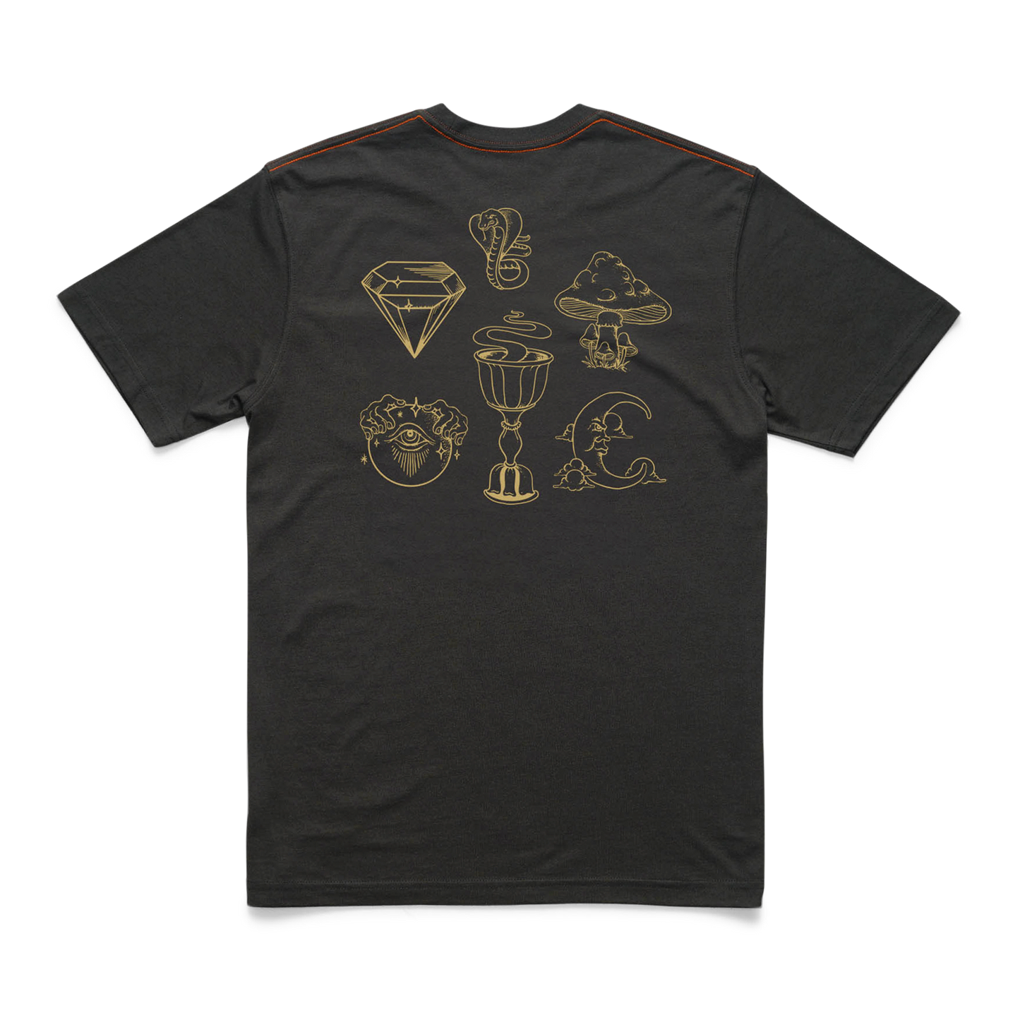 A black Howler t-shirt with gold line art illustrations on the back—diamond, snake, cloud, rose, owl, goblet, crescent moon, and tree—plus orange shoulder stitching. Made from a soft cotton-poly blend for ultimate comfort. - View 1