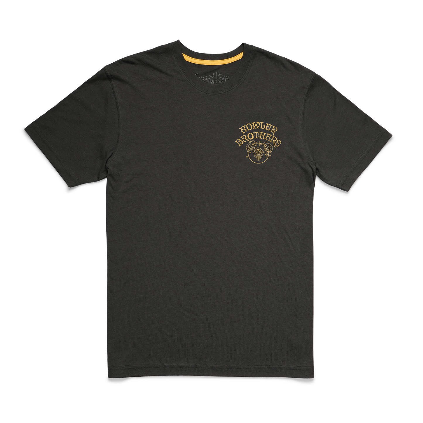 A plain black Howler t-shirt made from a soft cotton-poly blend, featuring a small yellow Howler Brothers logo and bear graphic on the left chest. The comfortable t-shirt has a yellow collar accent and is laid flat on a white background. - View 3