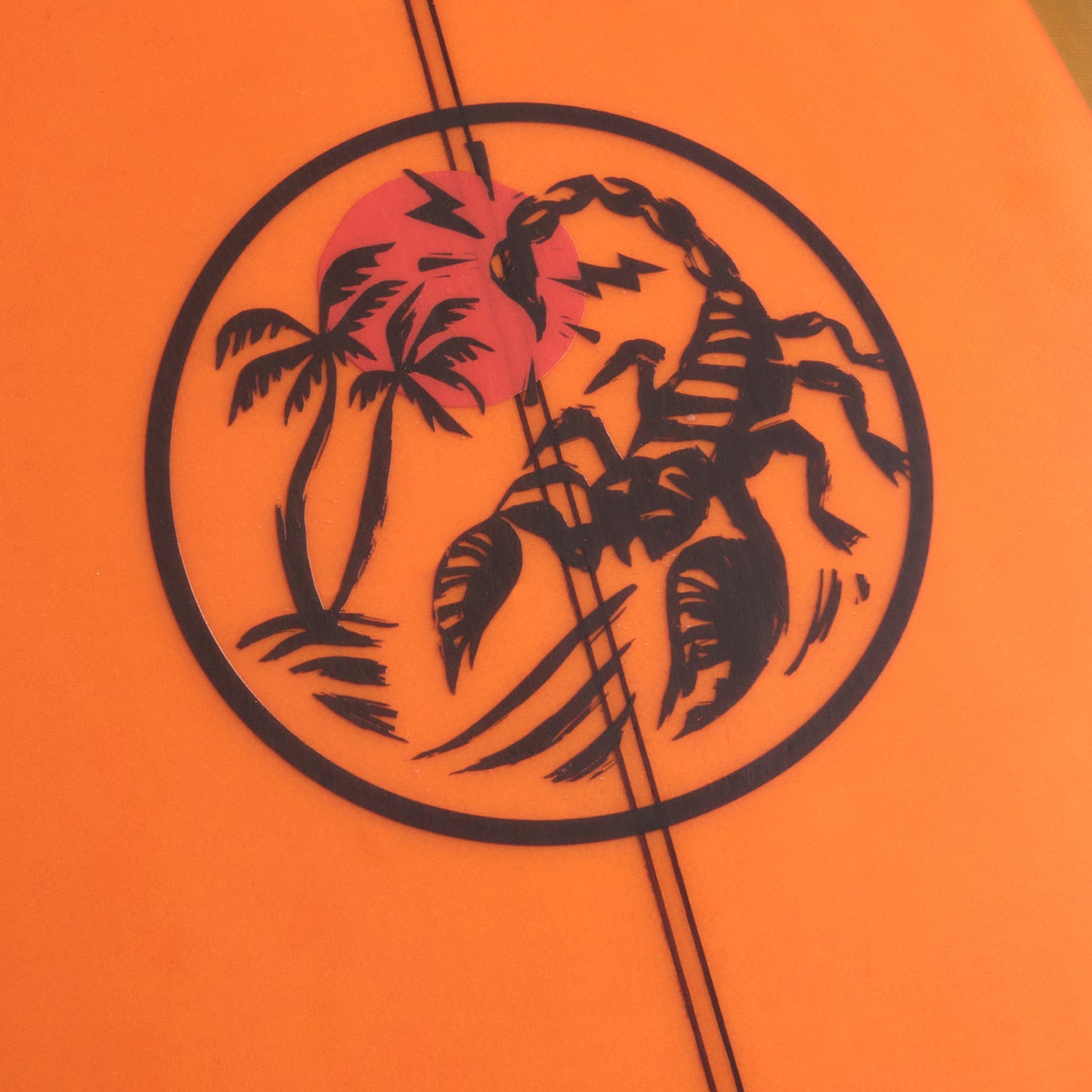 Black outline of a scorpion, palm trees, and a red sun inside a circle on an orange background, echoing the bold, adventurous style of Almond Surfboards—perfect for a Lightning Powered Surf Machine or Super73-S2 design. - View 4