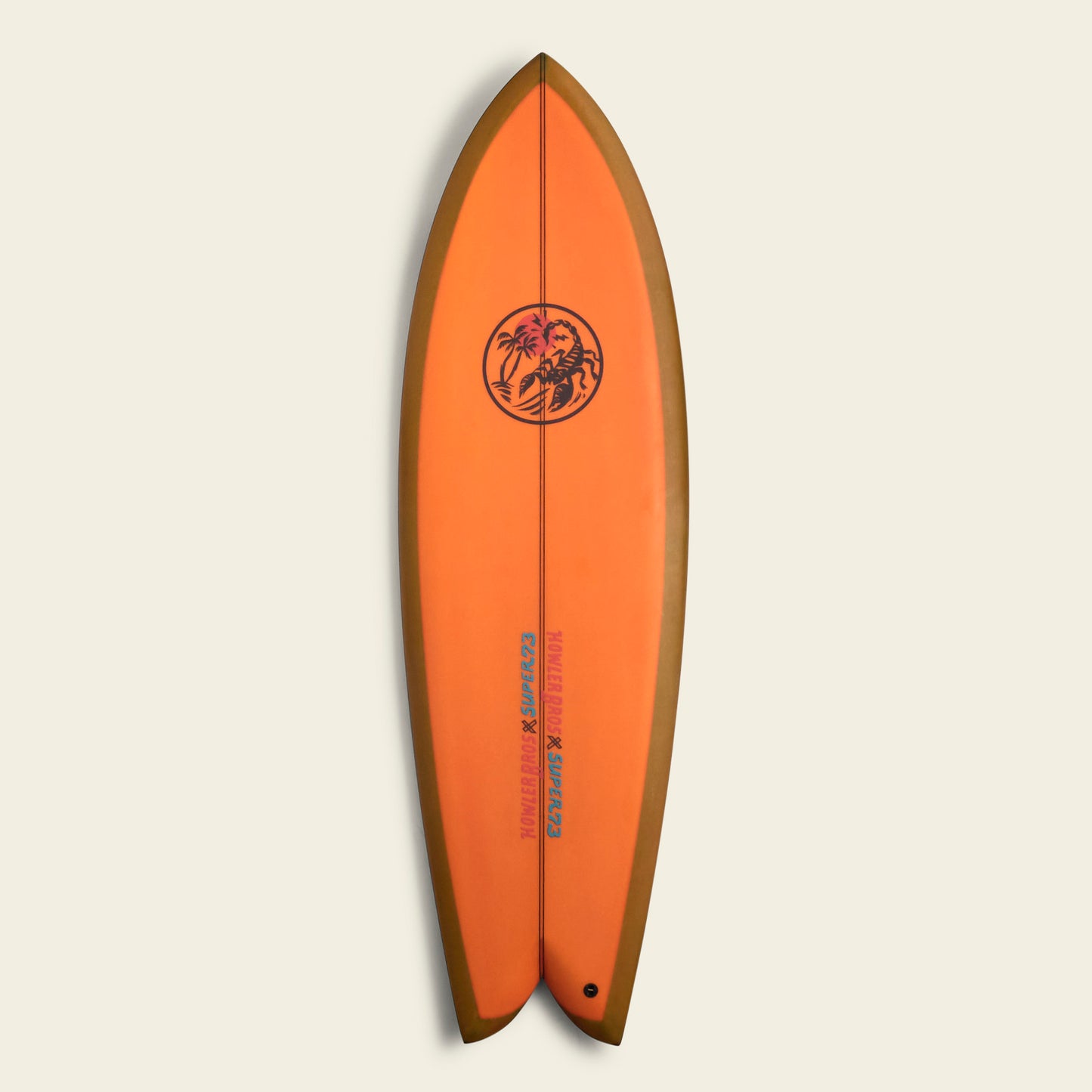 An orange Almond Surfboards surfboard with brown edges and a swallowtail design stands vertically against a light background. The board features a black logo of two palm trees and a person near the top, plus blue text near the bottom. - View 1
