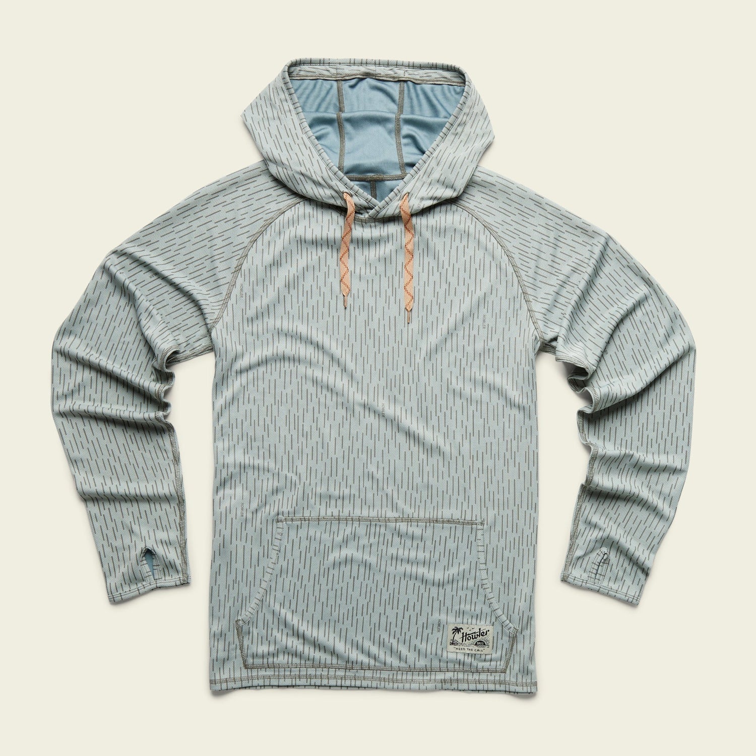 Light blue recycled polyester hoodie with a subtle vertical stripe pattern, tan drawstrings, front kangaroo pocket, and a small patch label at the hem, laid flat on a cream background. - View 6