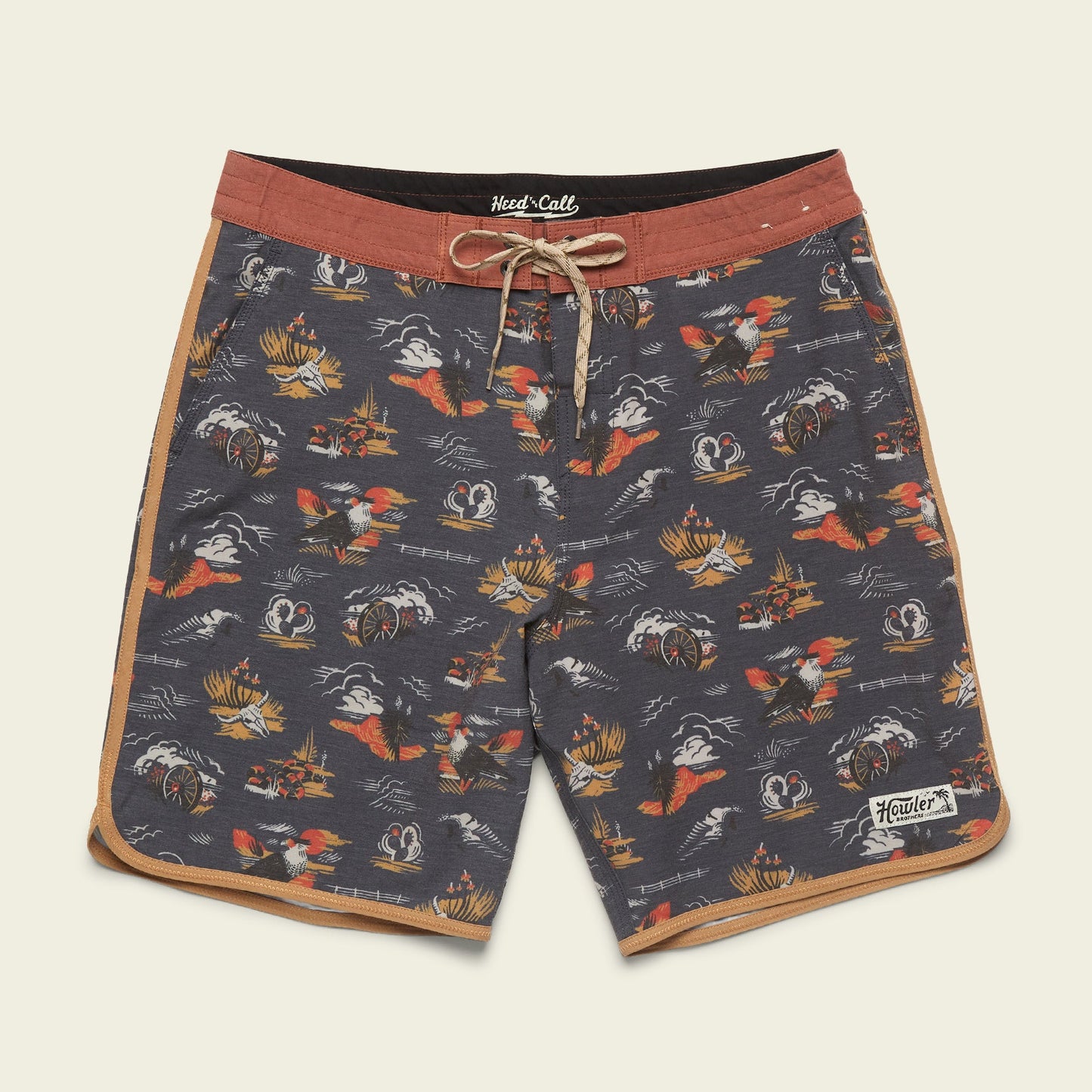 A pair of dark-colored Bruja Boardshorts with a nautical print featuring ships and waves, brown waistband with a front drawstring, tan side trim, stretchy fabric, draining front pockets, and a Howler patch on the left leg. - View 17