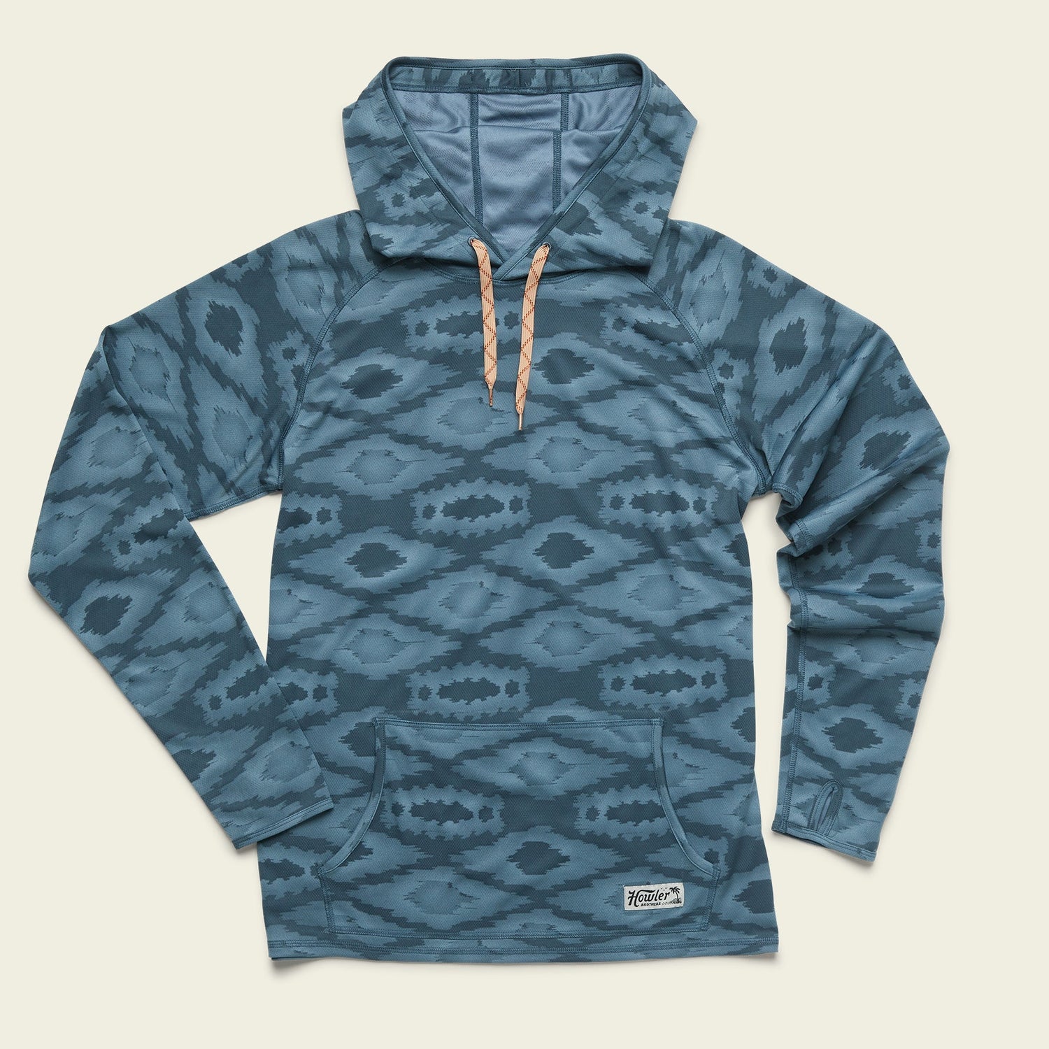 Blue patterned pullover hoodie with a high collar, light brown drawstrings, long sleeves, and a front kangaroo pocket. Made from recycled polyester, this UPF 35+ hoodie offers added sun protection and features a small white logo patch near the hem. - View 12
