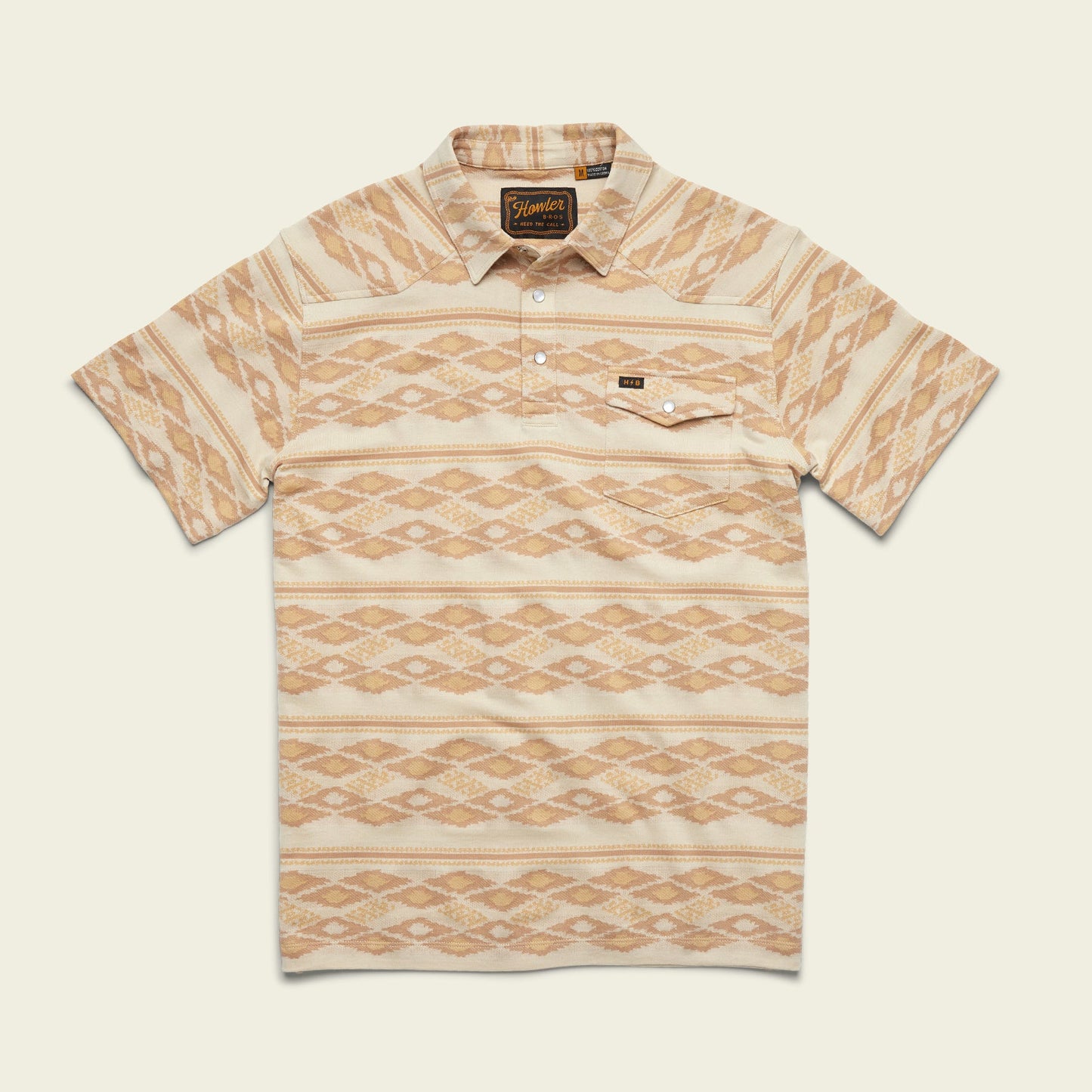 Short-sleeve collared Ranchero Jacquard Polo with a beige and light brown geometric diamond pattern, buttoned placket, and single chest pocket, crafted from 100% cotton jacquard, displayed on a light background. - View 4