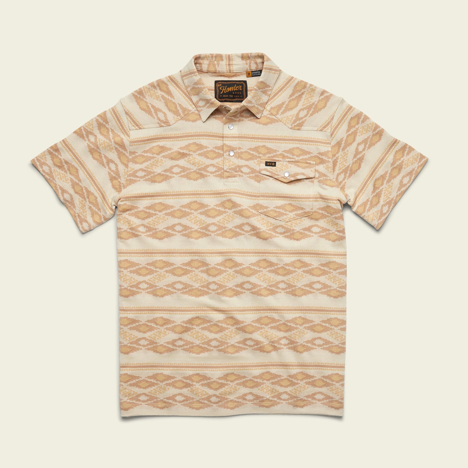 Short-sleeve collared Ranchero Jacquard Polo with a beige and light brown geometric diamond pattern, buttoned placket, and single chest pocket, crafted from 100% cotton jacquard, displayed on a light background. - View 4
