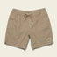 Tan patterned Pressure Drop Cord Shorts featuring an elastic waistband, drawstring, and a small palm tree patch on the left leg, crafted from stretch cotton corduroy and displayed on a plain off-white background.