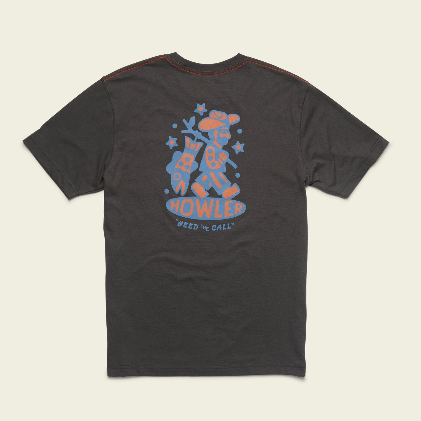 A black cotton-poly blend t-shirt with an illustrated graphic on the back featuring a stylized blue and orange figure, stars, and the word HOWLER above the phrase HEED THE CALL, delivering maximum comfort in signature Howler blended t-shirts style. - View 2