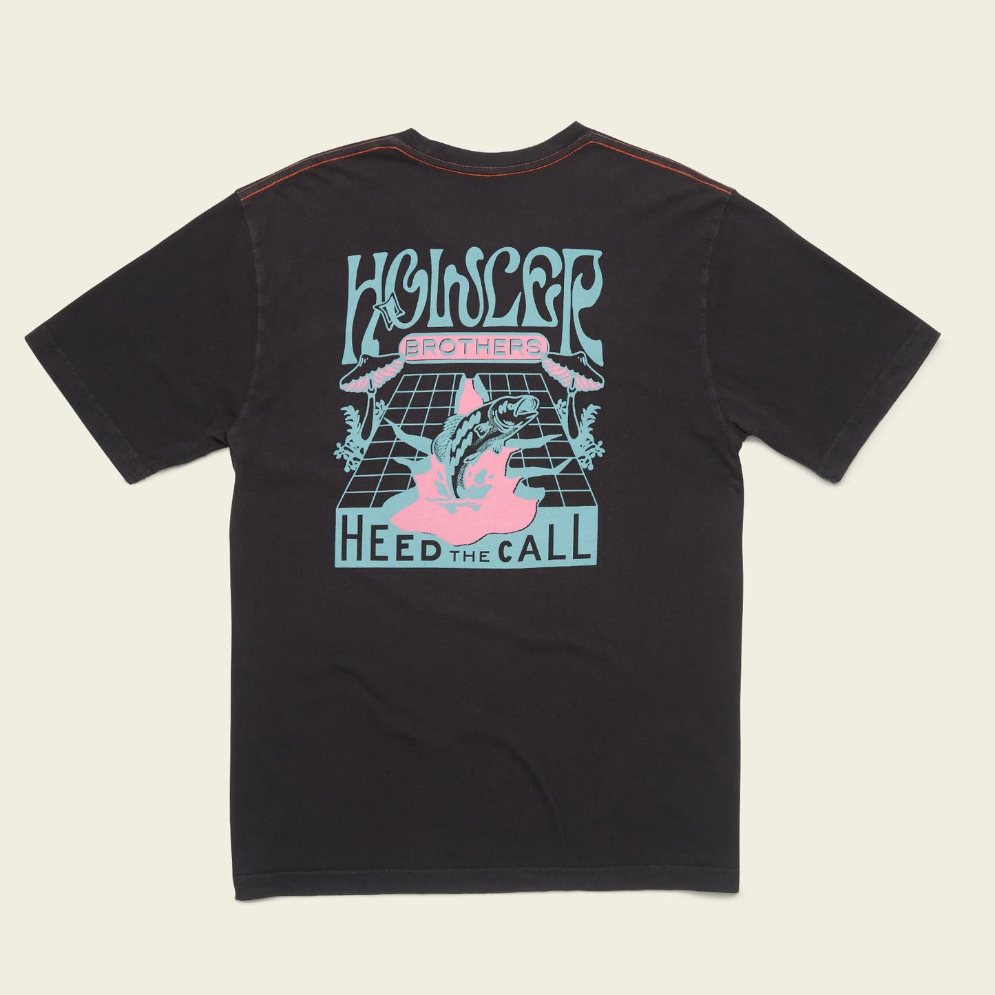 Black t-shirt featuring experimental artwork on the back—a fish, plants, and geometric lines. “Howler Brothers” and “Heed The Call” text in bold blue and pink give it a vintage t-shirts vibe. - View 1