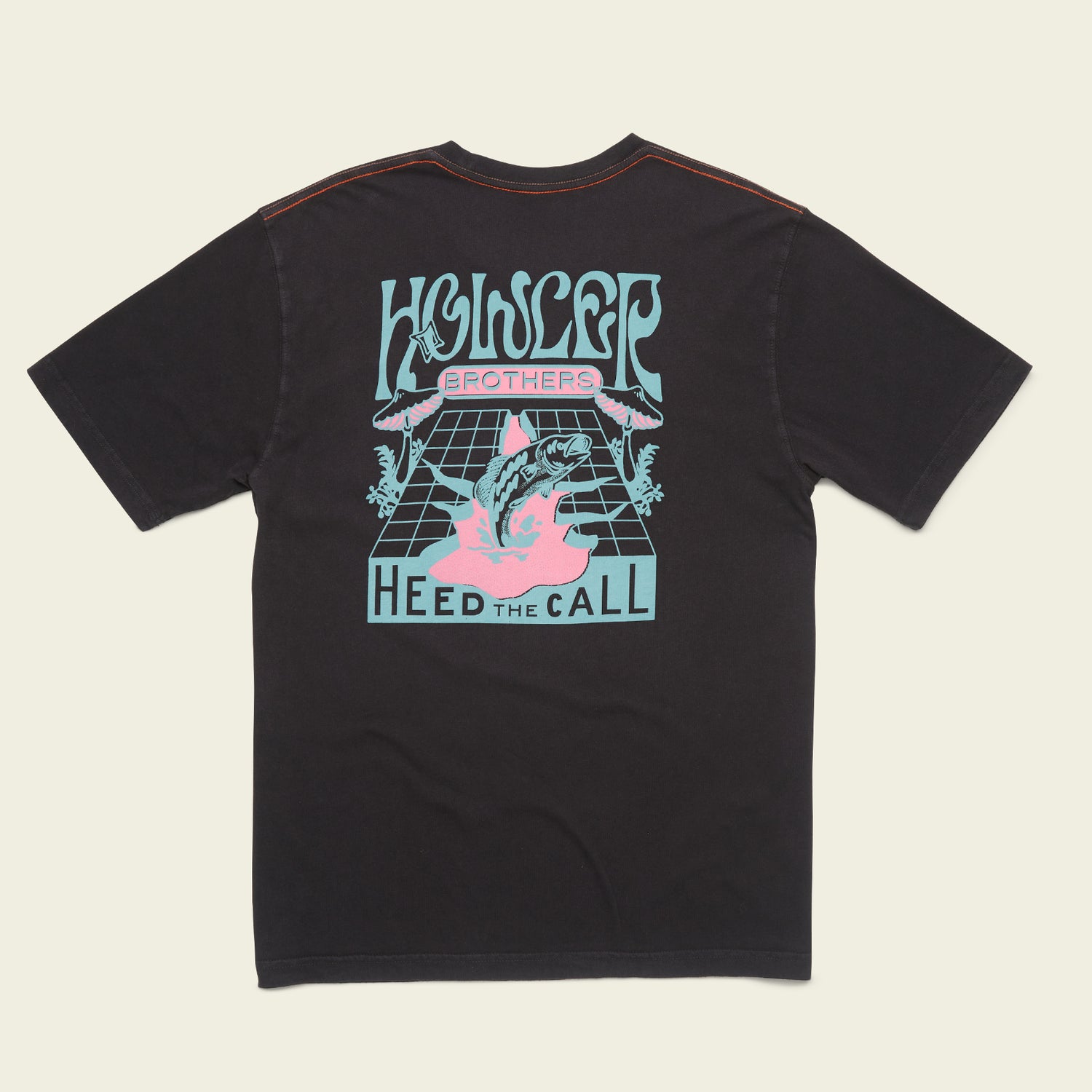 Black t-shirt featuring experimental artwork on the back—a fish, plants, and geometric lines. “Howler Brothers” and “Heed The Call” text in bold blue and pink give it a vintage t-shirts vibe.