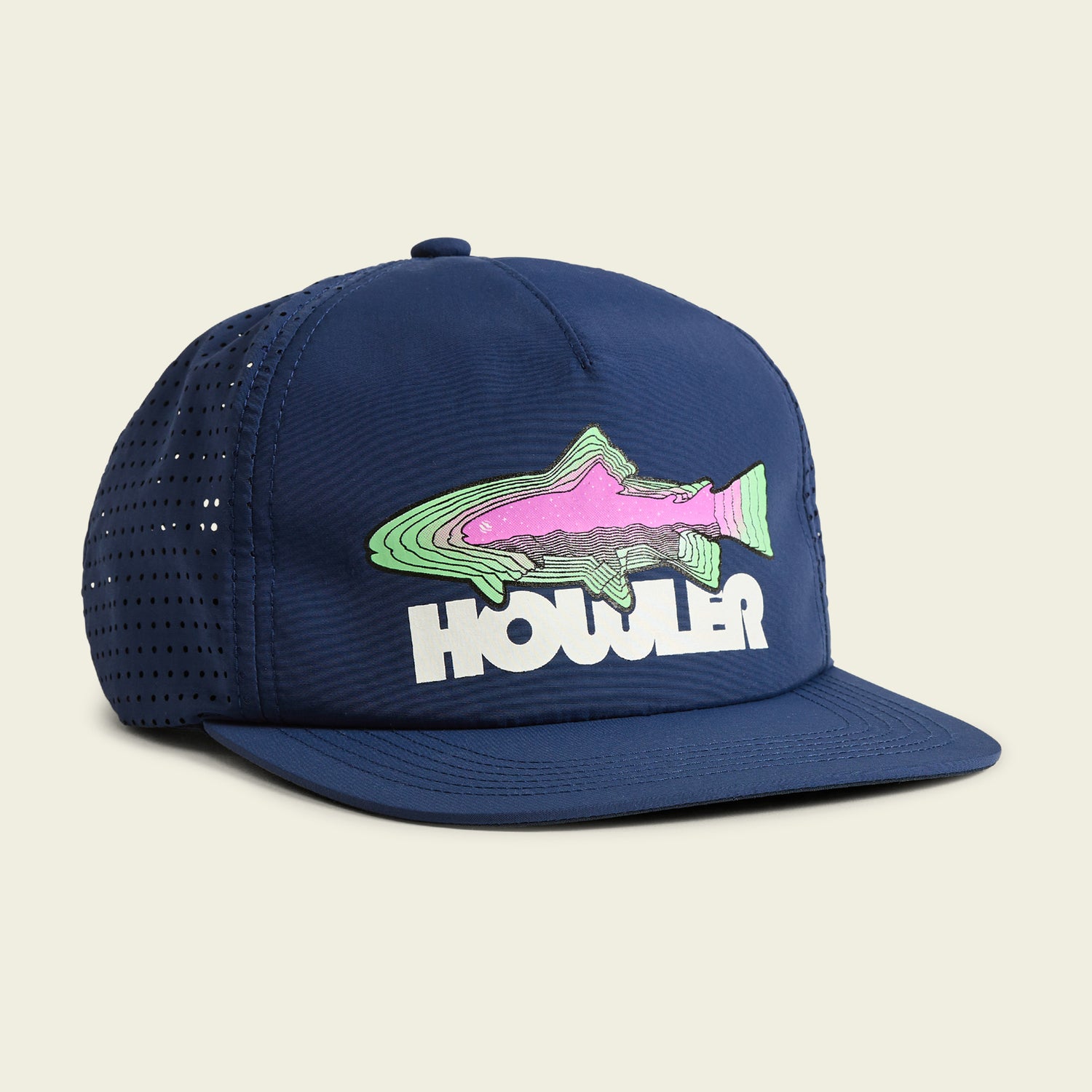 A blue mesh-back quick-drying cap featuring a colorful fish graphic above the word HOWLER in bold white letters on the front panel—perfect for outdoor adventures. - View 7
