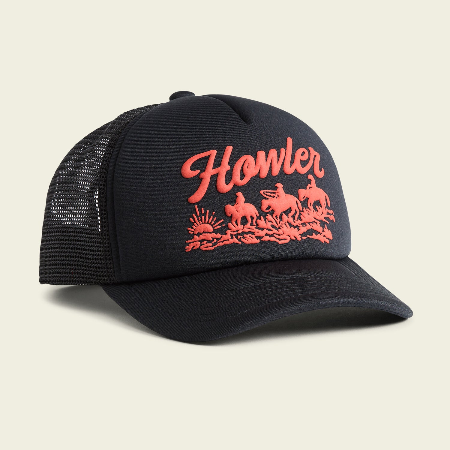 A vintage-inspired black mesh trucker hat with a curved bill and foam front, featuring “Howler” in raised red letters above a red graphic of cowboys on horseback and a setting sun.