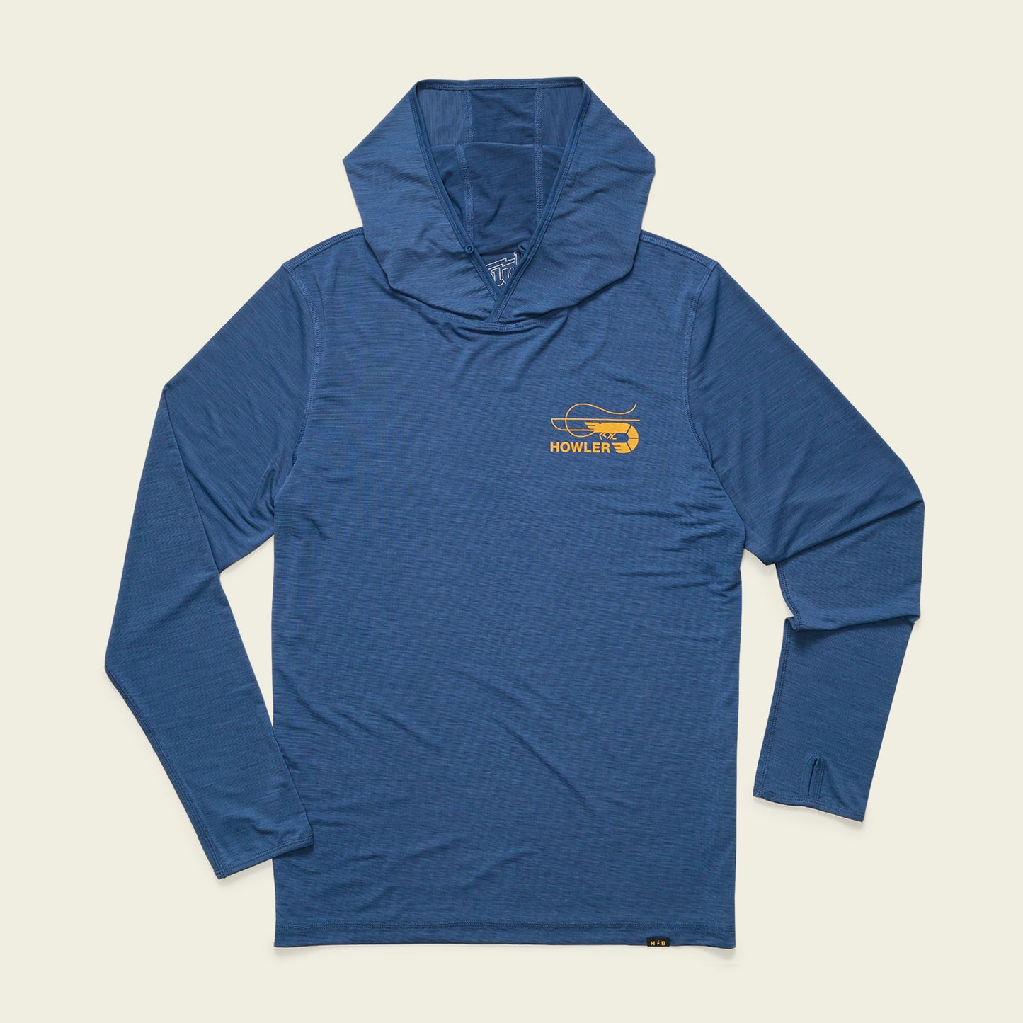 A long-sleeve, blue lightweight hoodie with a subtle stripe pattern and an orange Howler logo featuring a helicopter on the left chest. The hooded tech shirt is laid flat on a plain, light background. - View 9