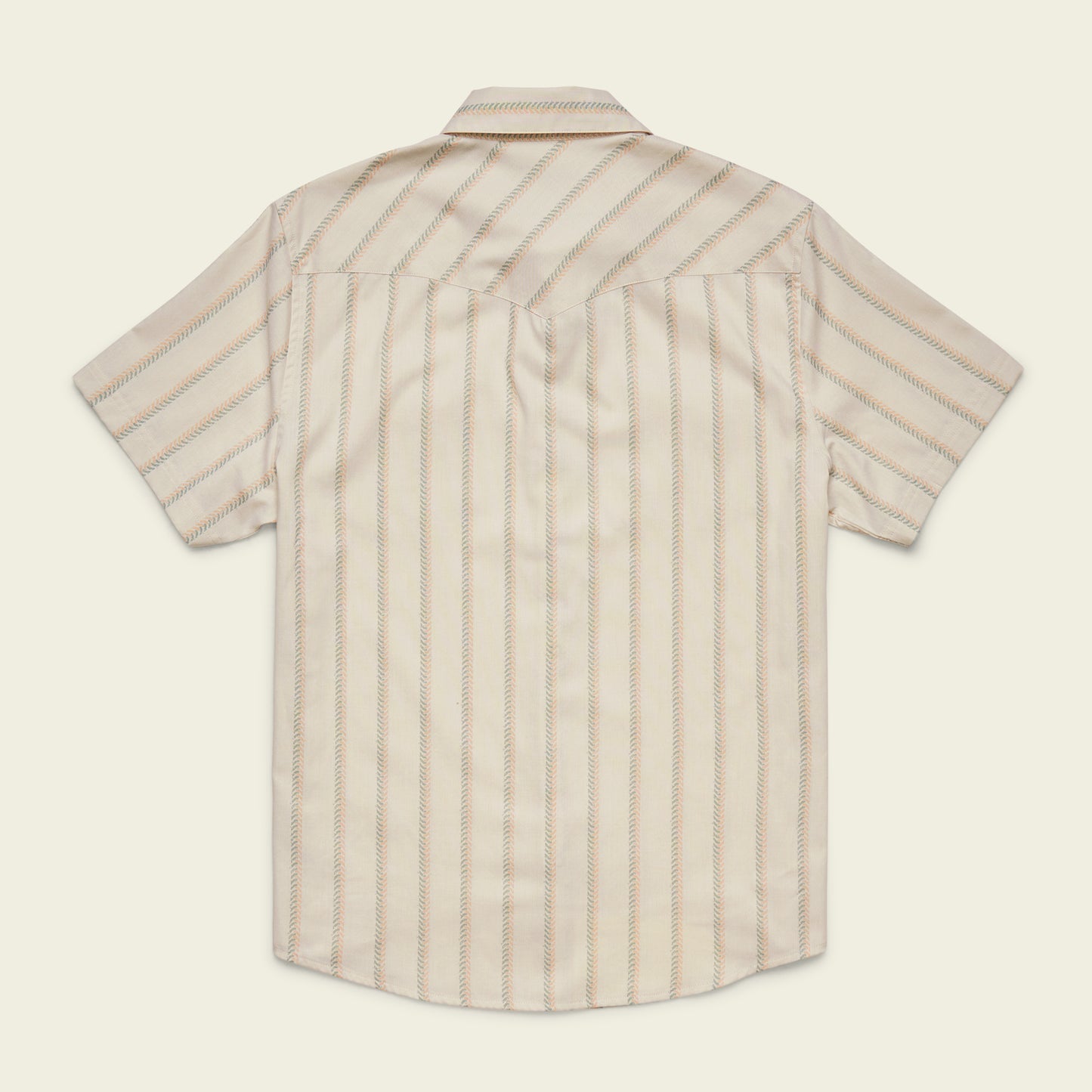 A short-sleeved, beige Howler Brothers button-up shirt with thin vertical stripes in brown and yellow, shown from the back against a plain light background—a vintage inspired shirt perfect for effortless style. - View 5