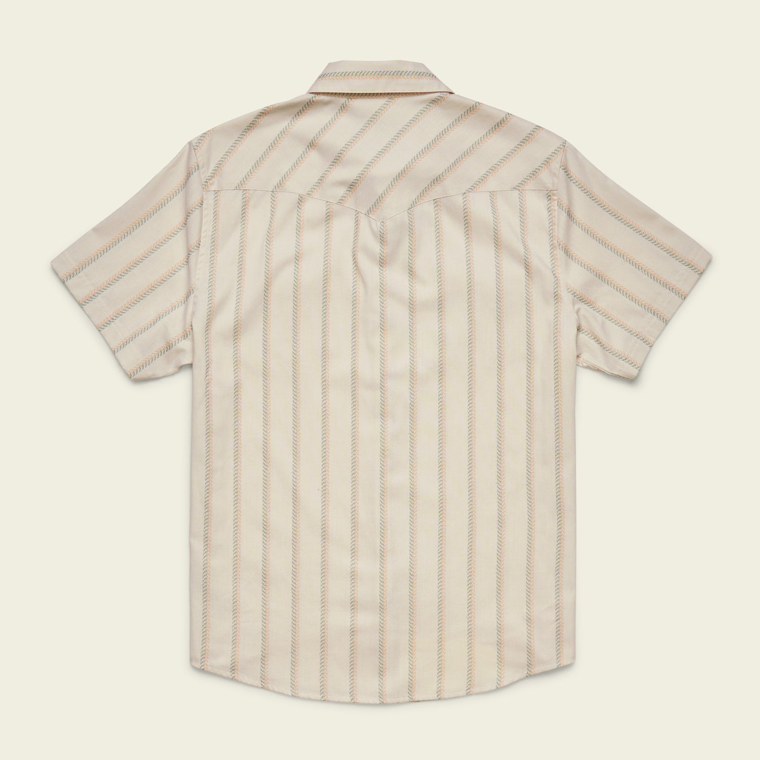 A short-sleeved, beige Howler Brothers button-up shirt with thin vertical stripes in brown and yellow, shown from the back against a plain light background—a vintage inspired shirt perfect for effortless style. - View 5