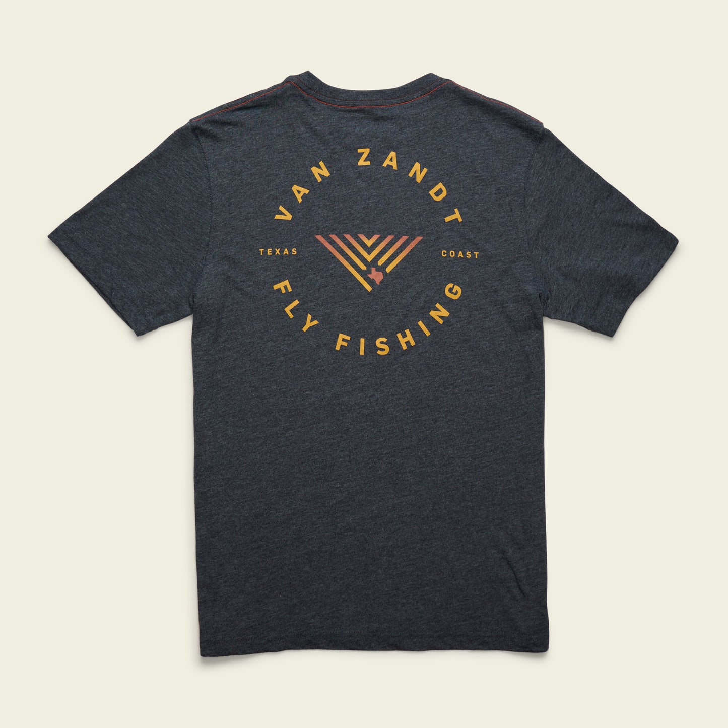 Dark gray Howler Select T-Shirt from the JT Van Zandt Collection, featuring orange and yellow text reading Van Zandt Fly Fishing and Texas Coast around a fish hook graphic forming the letter V on the back. - View 1
