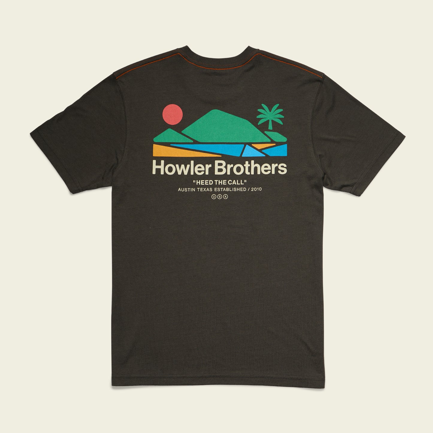 Black t-shirt with a colorful graphic of a mountain, sun, and palm tree on the back. The text reads Howler Brothers, Heed the Call, and Austin, Texas Established 2010. - View 3