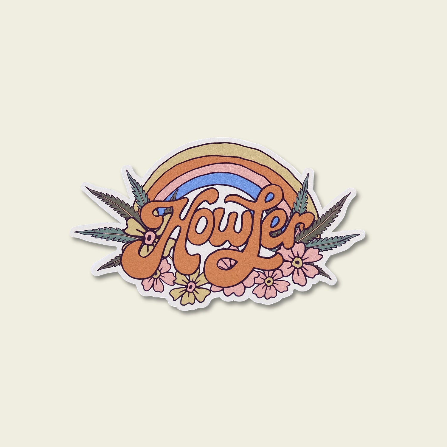A retro-style Howler Brothers sticker features the word Howler in orange script, surrounded by pink flowers, green leaves, and a pastel rainbow—perfect as a vibrant car sticker or for personalizing your favorite gear. - View 1